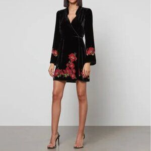 NWT RIXO Iris Floral Silk Blend Velvet Wrap Mini Dress Long Sleeve Black Red